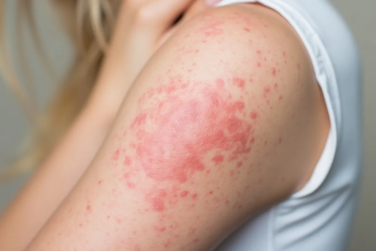 Viele rötliche Punkte im Oberarm-, Schultergelenktbereich, welche teils eine großere Fläche bilden