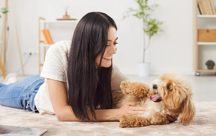 Eine weibliche Peron liegt vor einem Hund auf dem Boden und streichelt diesen