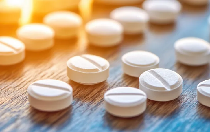 Pillen mit Bruchrille auf einem hölzernen Untergrund gegen das Licht fotografiert