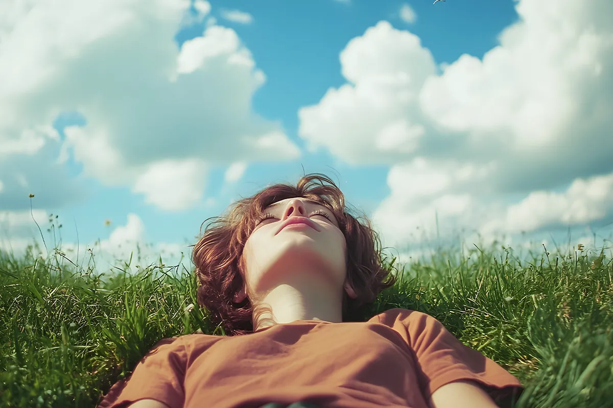 Eine weibliche Person mit geschlossenen Augen liegt auf einer Wiese