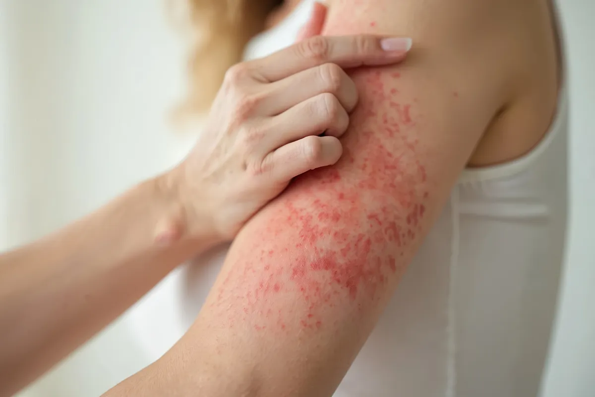 Eine weibliche Person kratzt sich am stark geröteten linken Oberarm