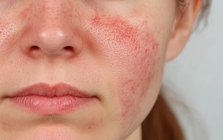 Frontalnahaufnahme von großflächigen roten Stellen im Gesicht einer weiblichen Person