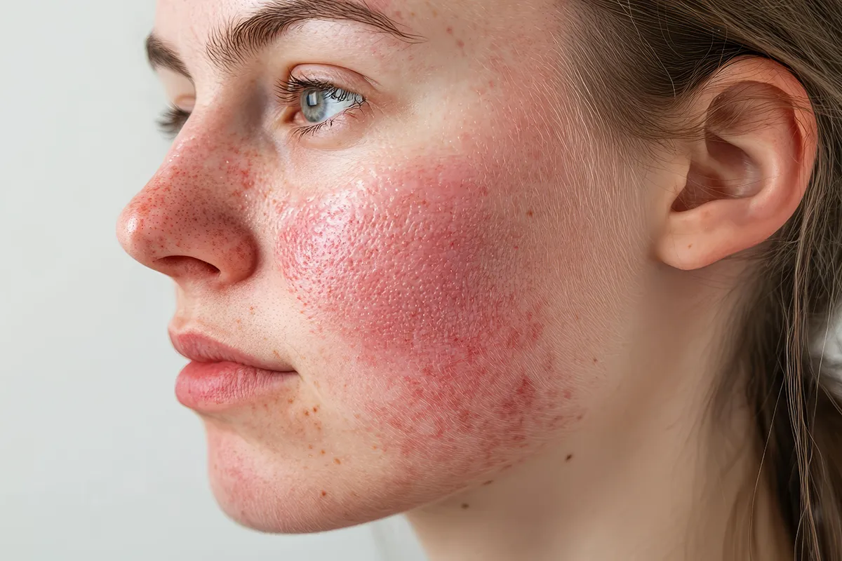 Nahaufnahme von großflächigen roten Stellen im Gesicht einer weiblichen Person