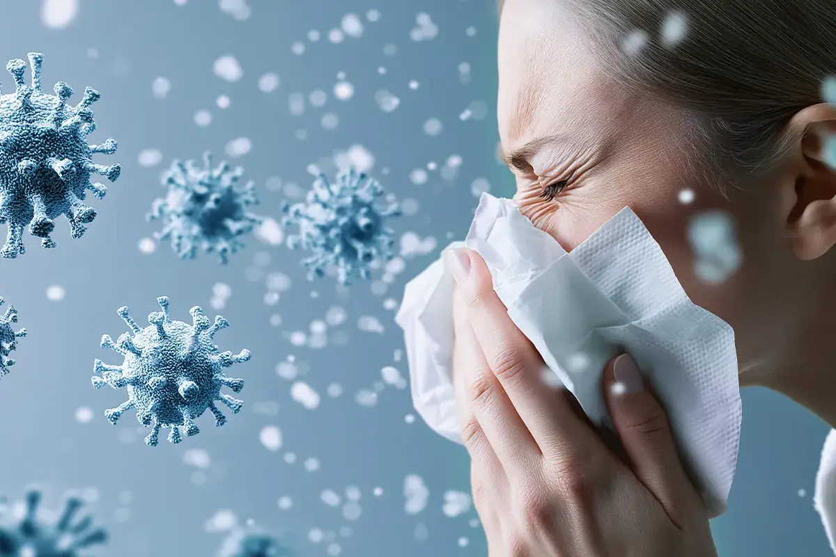 Hautausschlag oft durch Allergien ausgelöst Profil einer Person, die sich die Nase putzt, mit schemenhaften Viren auf blauem Hintergrund um sich herum