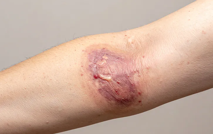 Hautverfärbung mit eitrigen und blutigen Stellen