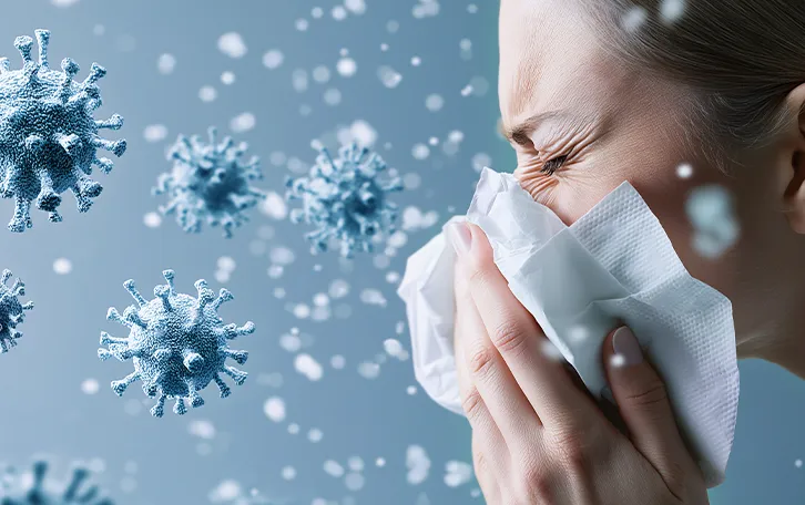 Profil einer Person, die sich die Nase putzt, mit schemenhaften Viren auf blauem Hintergrund um sich herum