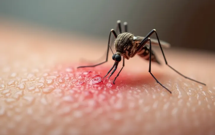 Schemenhafte Nahaufnahme einer stechenden Mücke auf einer Hautpartie sitzend