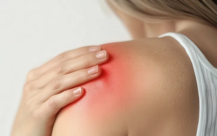 Schemenhafte rötliche Haut auf der linken Schulter einer weiblichen Person