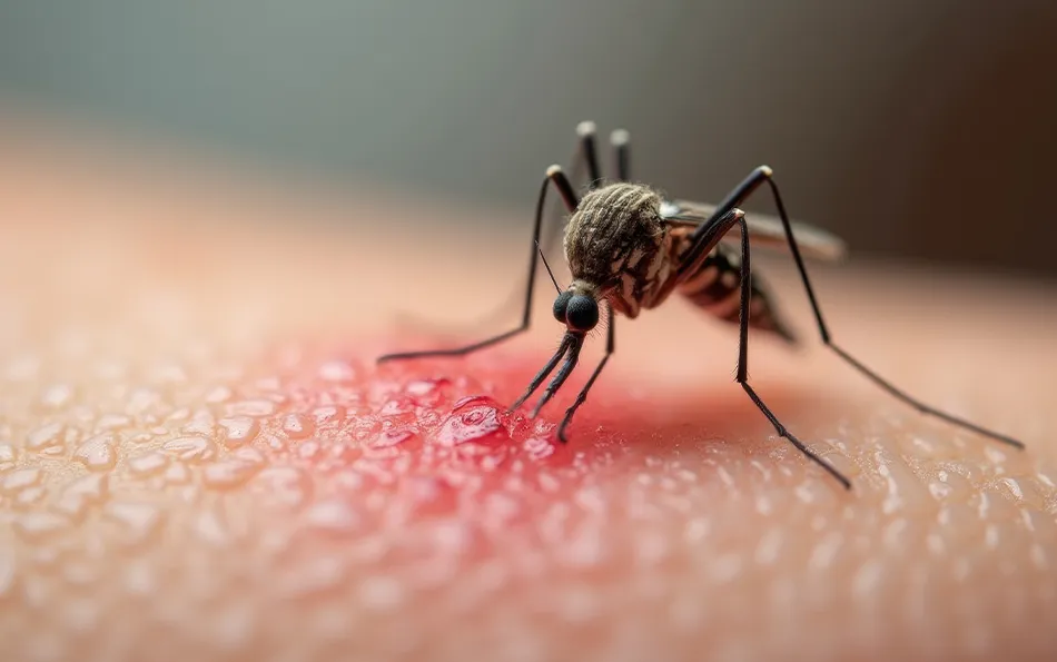 Schemenhafte Nahaufnahme einer stechenden Mücke auf einer Hautpartie sitzend