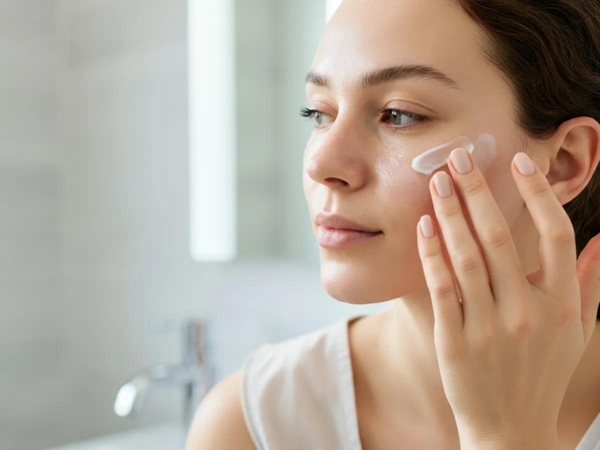 Eine weibliche Person trägt Creme in ihrem Gesicht auf