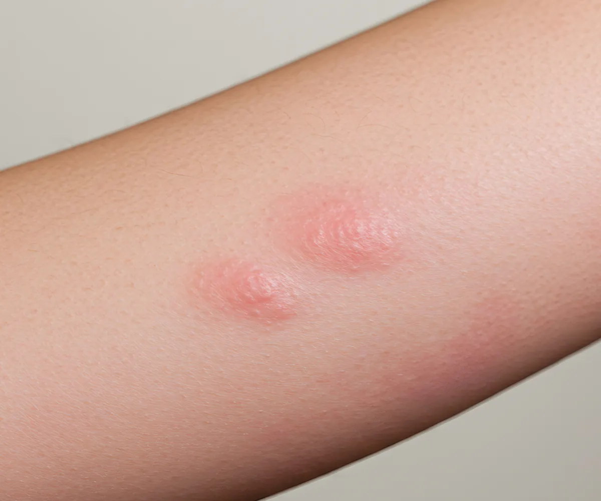 Zwei großere rote, geschwollene Einstichstellen am Arm