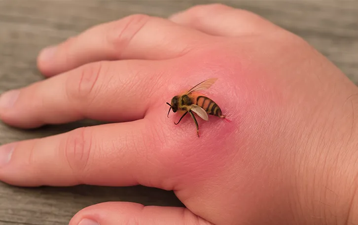 Eine stark geschwollene und gerötete Hand mit einem Insekt in einer Einstichstelle auf dem Handrücken nahe dem Zeigefinger