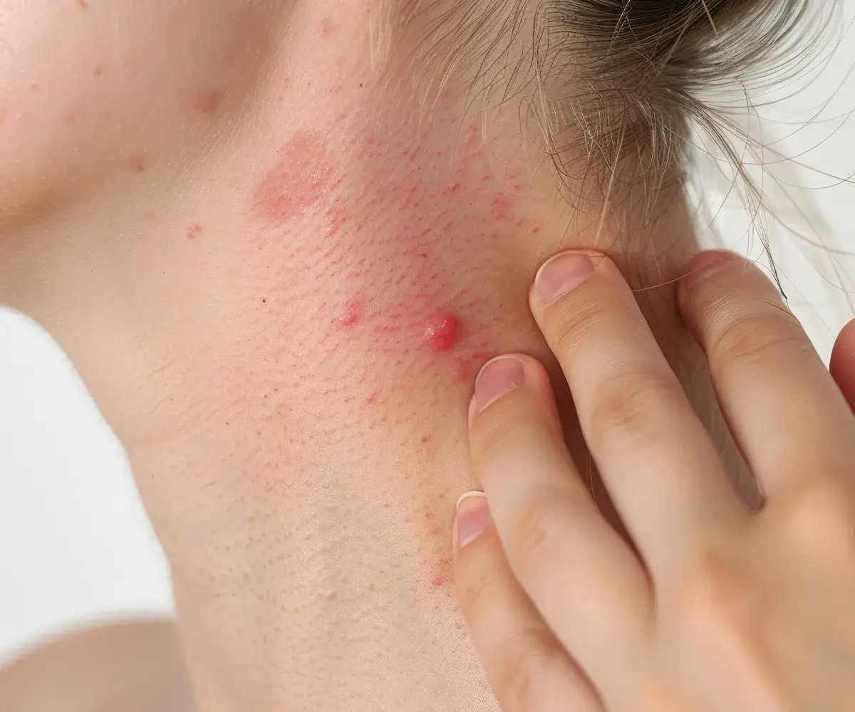 Eine dicke rote Quaddel am Hals mit viele kleinen Rötungen drum herum