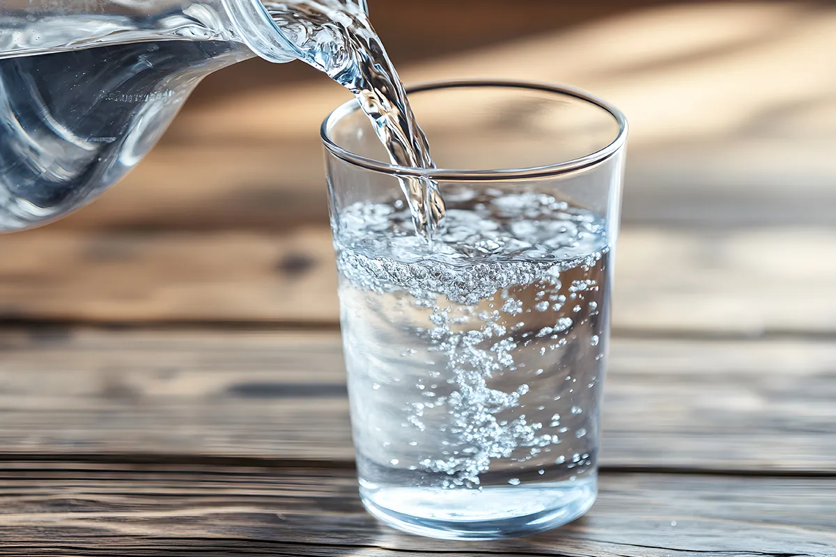Wasser wird aus einer Glaskaraffe in ein Glas gefüllt
