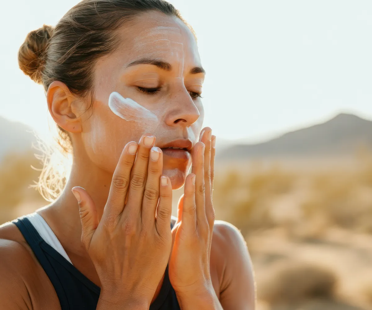 Eine weibliche Person cremt sich das Gesicht ein