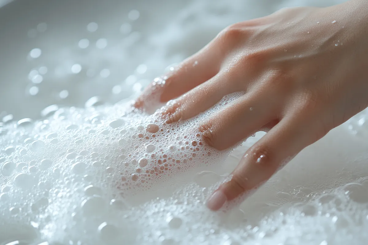 Eine Hand in Wasser mit vielen Seifenblasen drauf