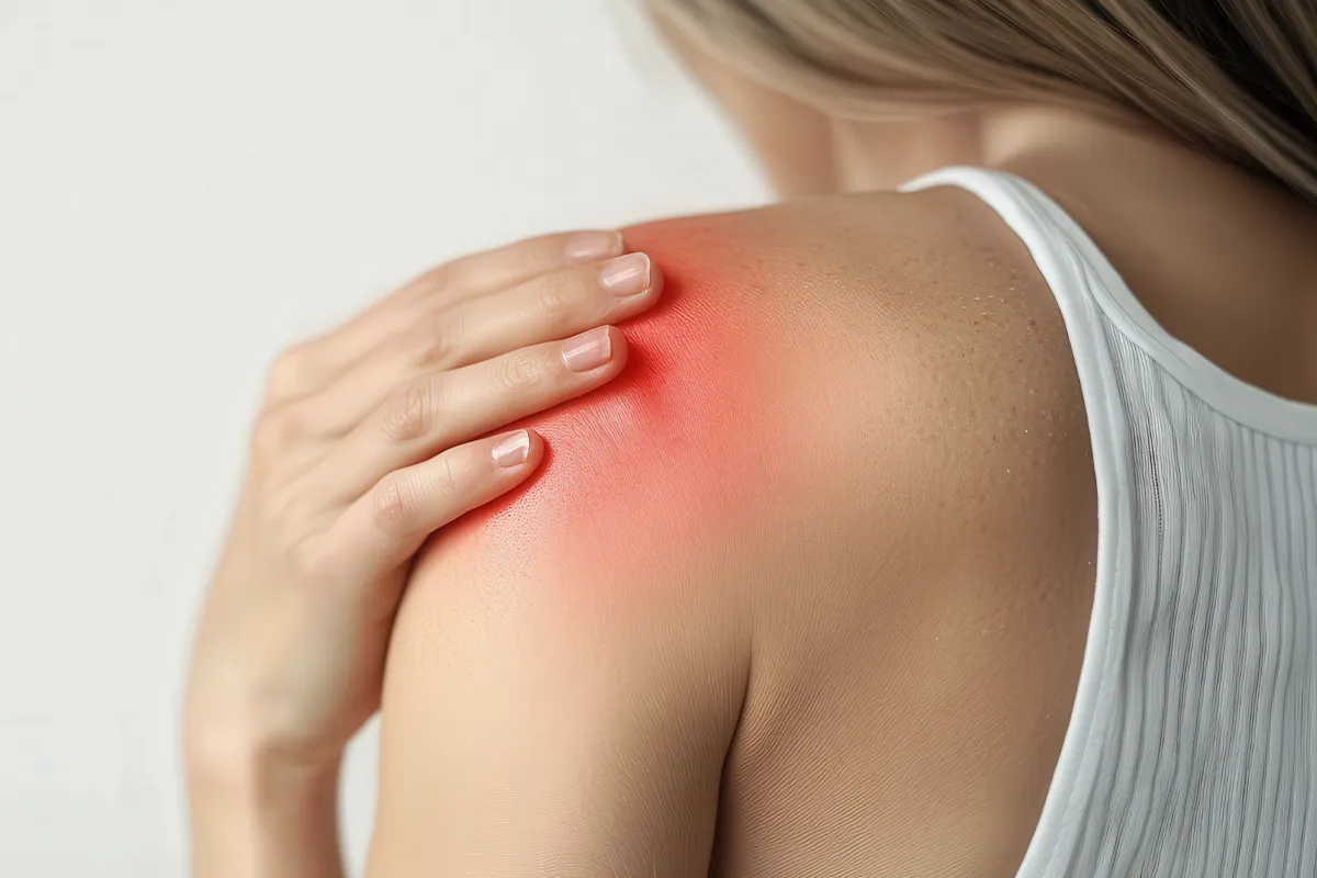 Wirkung von Hydrocortison bei Sonnenbrand Schemenhafte rötliche Haut auf der linken Schulter einer weiblichen Person